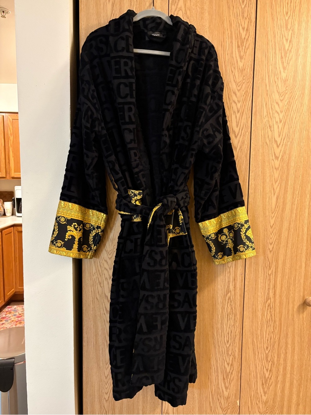 Versace Black and Gold Logo Robe with Baroque Trim